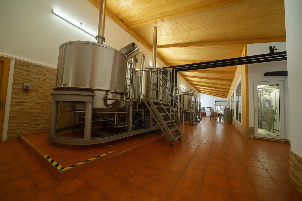 Interiér pivovaru s nerezovým varním zařízením vhodným pro integraci s bioplynovou stanicí