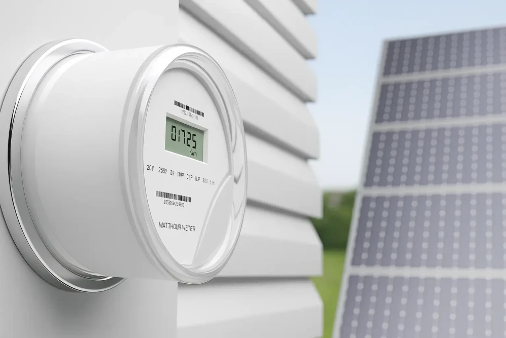 Detail elektroměru vedle střešních fotovoltaických panelů na budově, symbolizující měření přetoků elektřiny do sítě