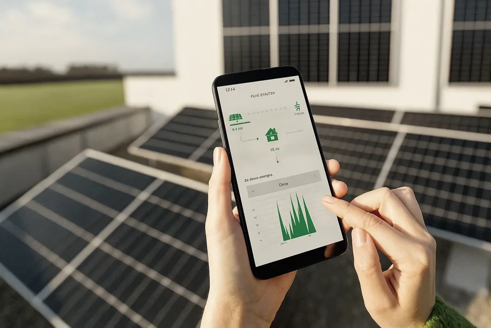 Osoba sleduje na mobilním telefonu aktuální výrobu a spotřebu energie z fotovoltaických panelů umístěných na střeše budovy